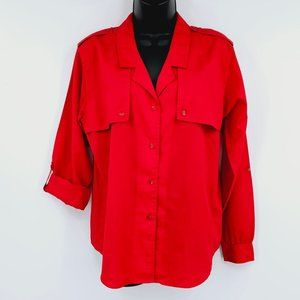 Diane Von Furstenberg Blouse Top 8 Vintage Red Button Front Tab Sleeve Epaulette
